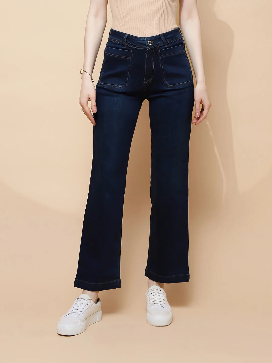 Dark Blue Cotton Blend Straight Relaxed Fit Jeans For Women