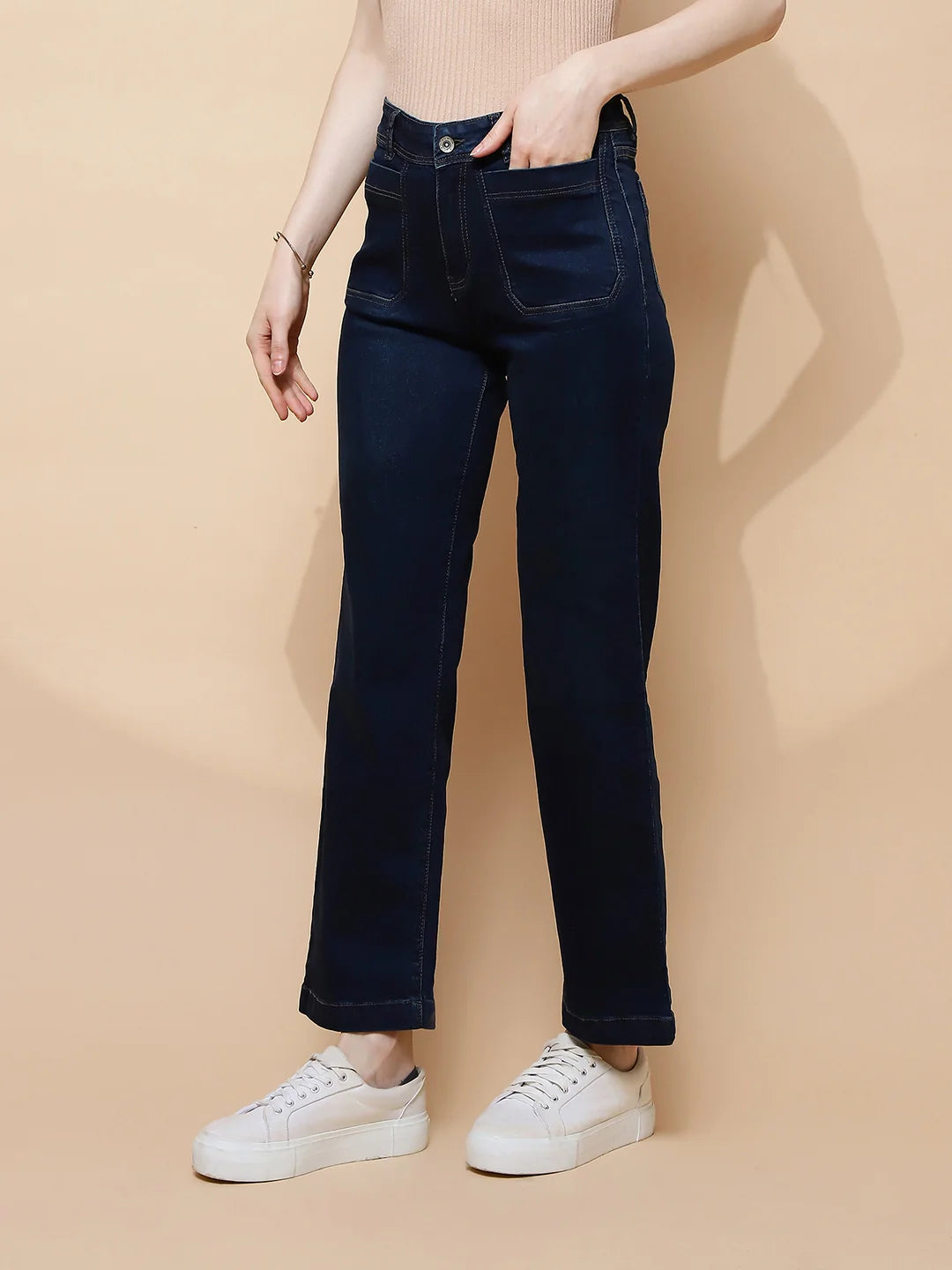 Dark Blue Cotton Blend Straight Relaxed Fit Jeans For Women