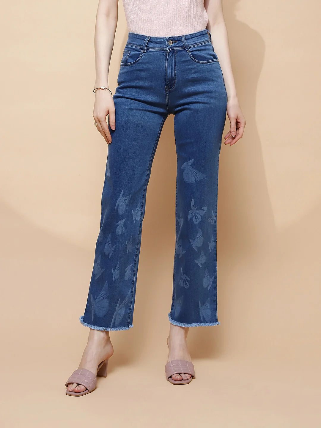 Blue Cotton Blend Straight Slim Fit Jeans For Women