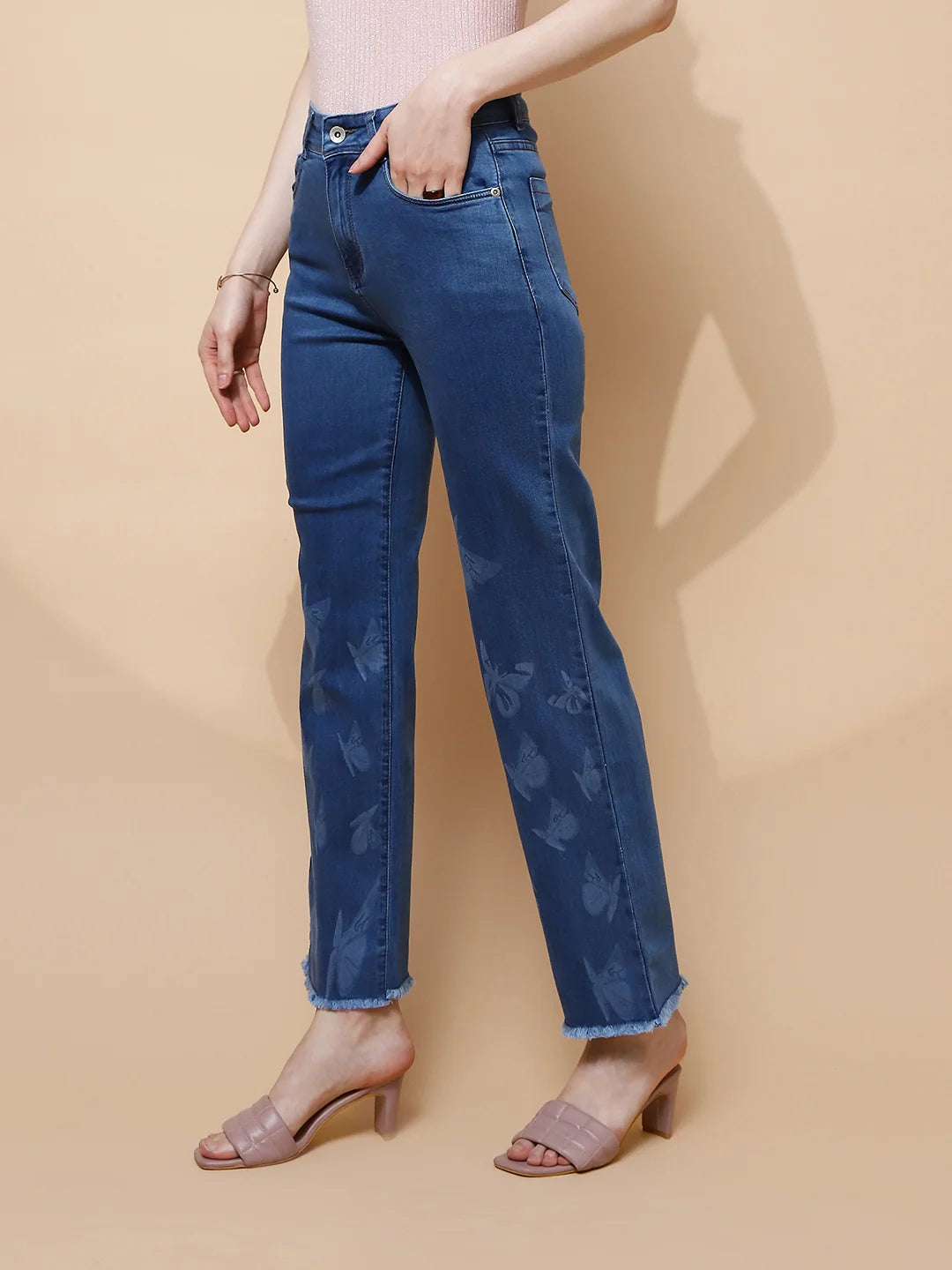 Blue Cotton Blend Straight Slim Fit Jeans For Women