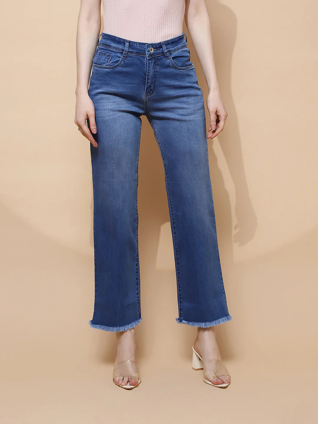 Blue Cotton Blend Straight Relaxed Fit Jeans For Women