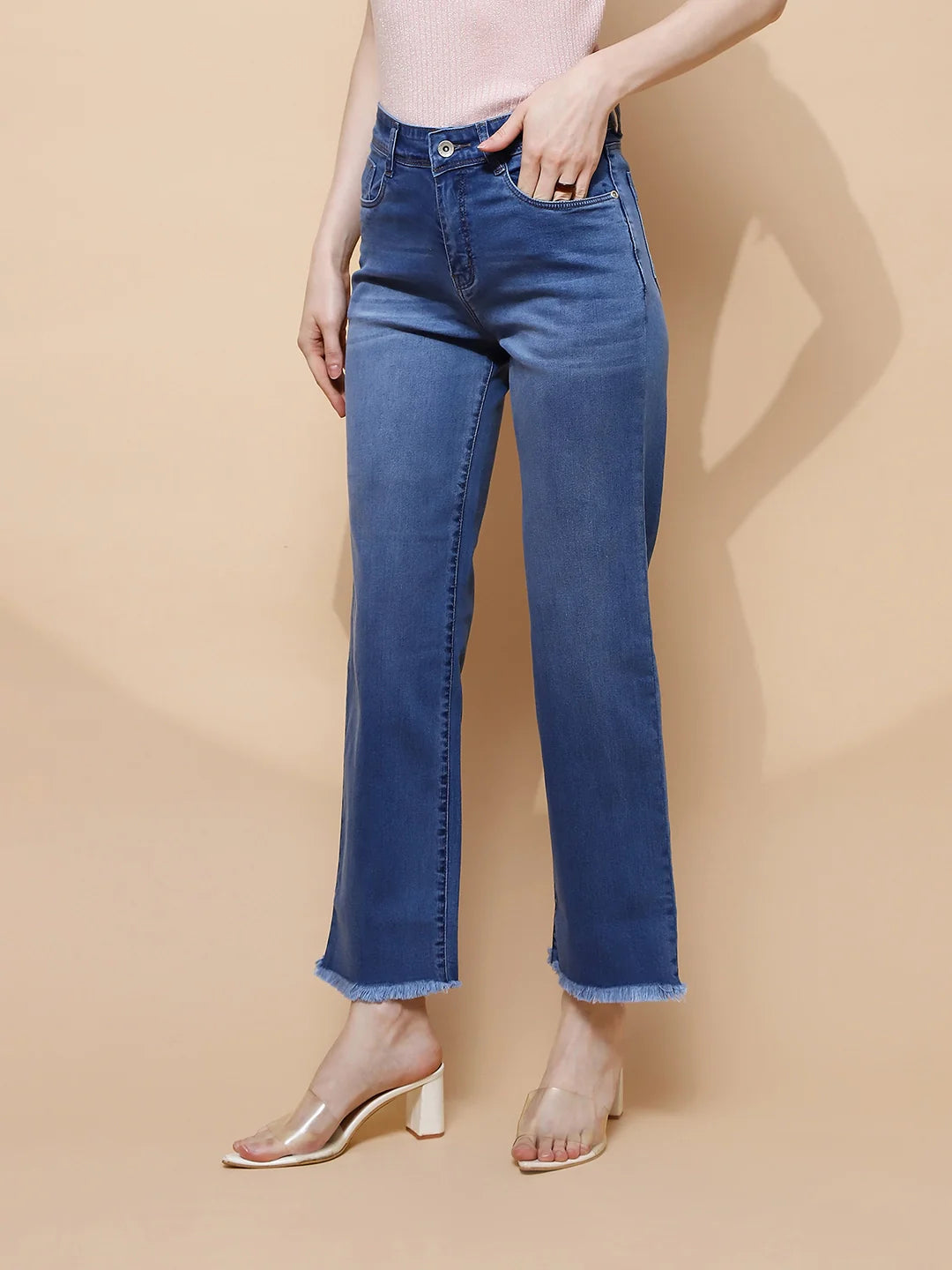 Blue Cotton Blend Straight Relaxed Fit Jeans For Women
