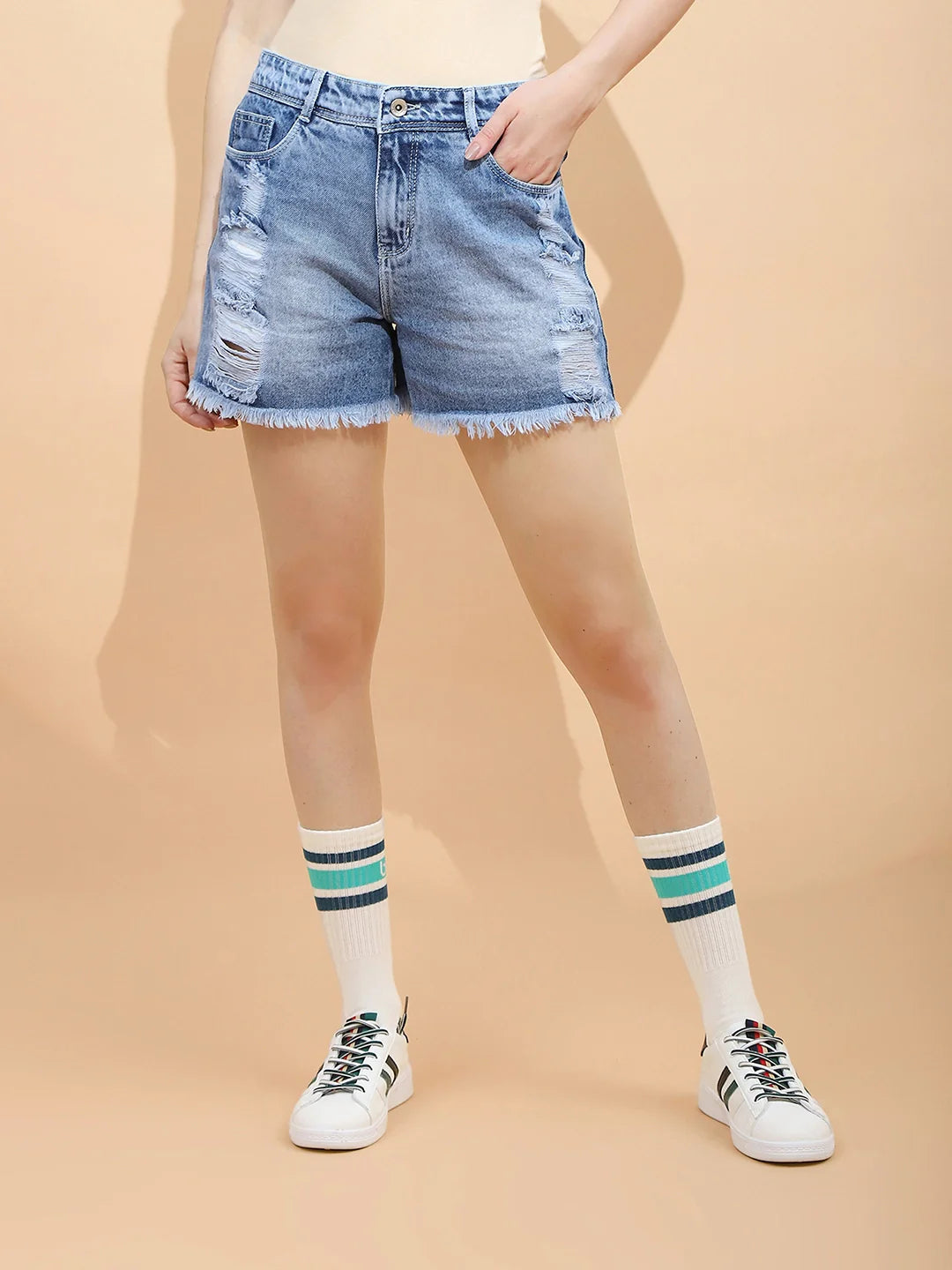 Dark Blue Cotton Regular Fit Shorts For Women