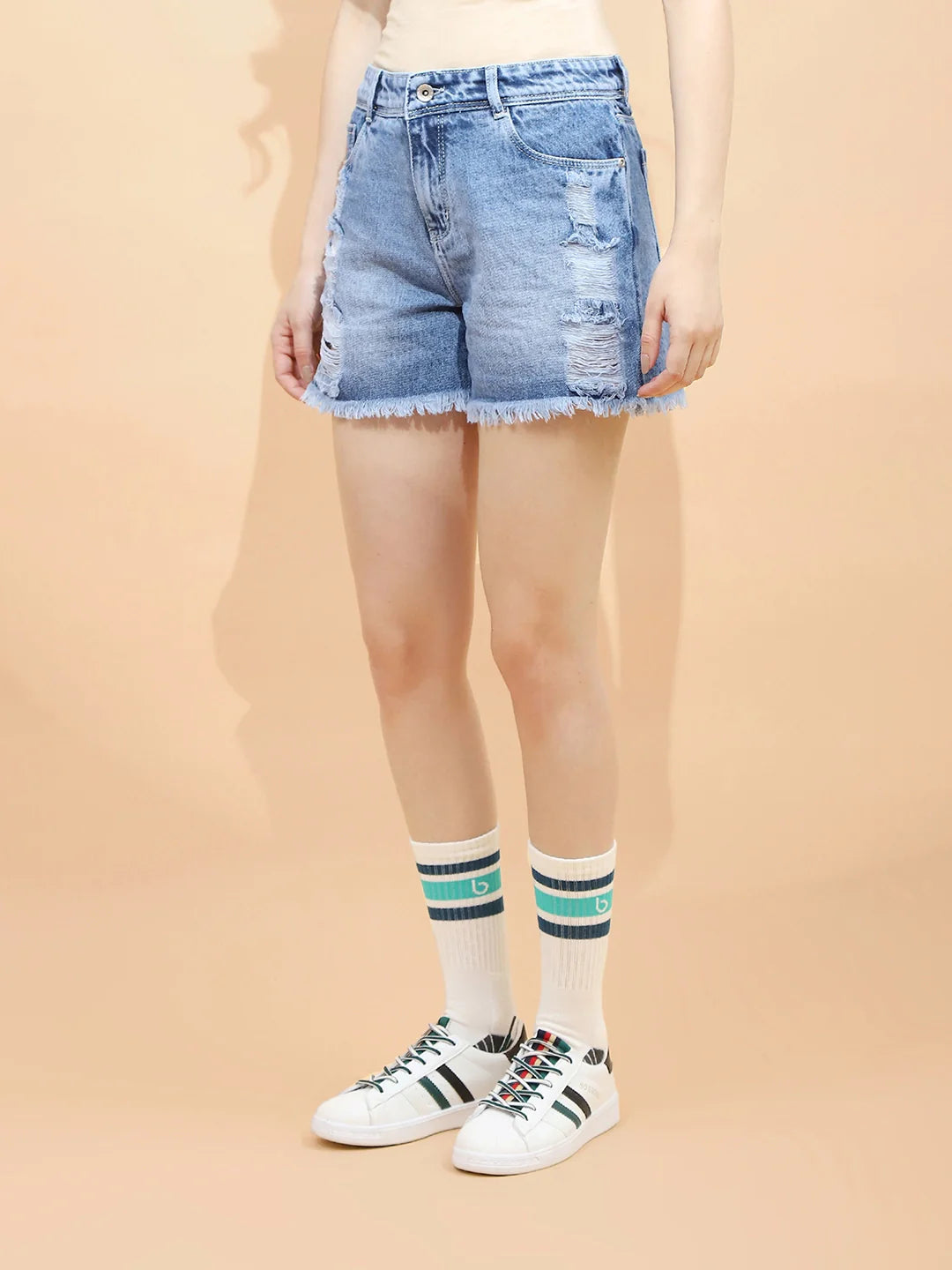 Dark Blue Cotton Regular Fit Shorts For Women