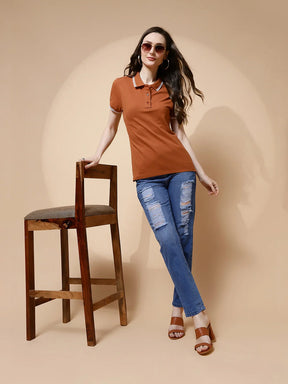 Brown Cotton Regular Fit Top For Women