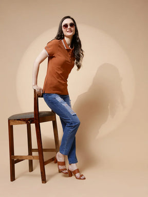 Brown Cotton Regular Fit Top For Women