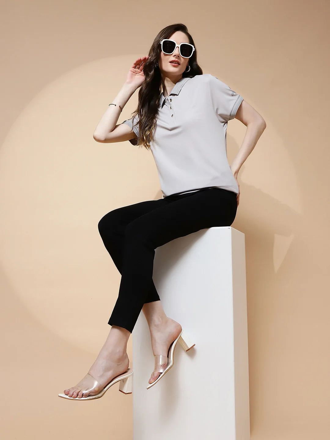 Grey Rayon Blend Regular Fit Top For Women