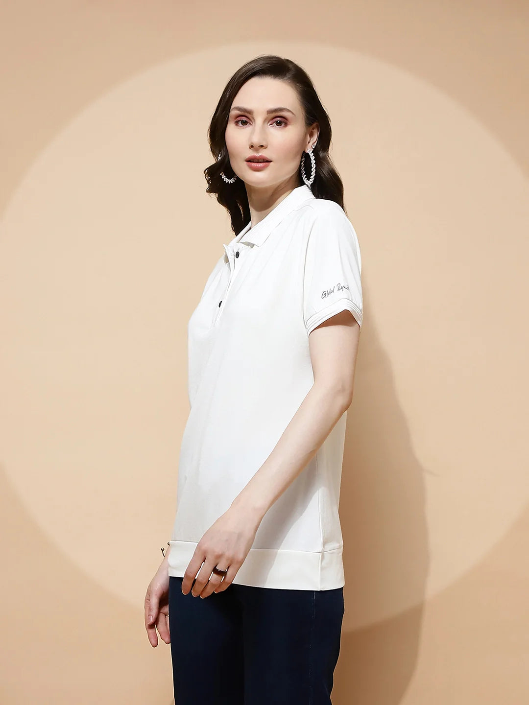 Off White Rayon Blend Regular Fit T-Shirt For Women - Global Republic