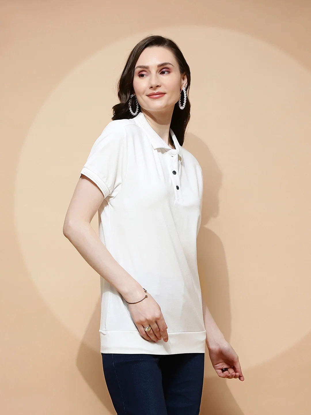 Off White Rayon Blend Regular Fit T-Shirt For Women - Global Republic