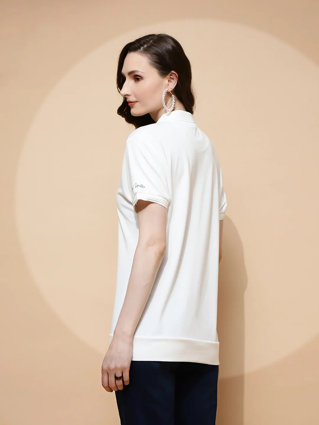 Off White Rayon Blend Regular Fit T-Shirt For Women - Global Republic