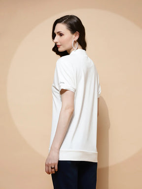 Off White Rayon Blend Regular Fit Top For Women