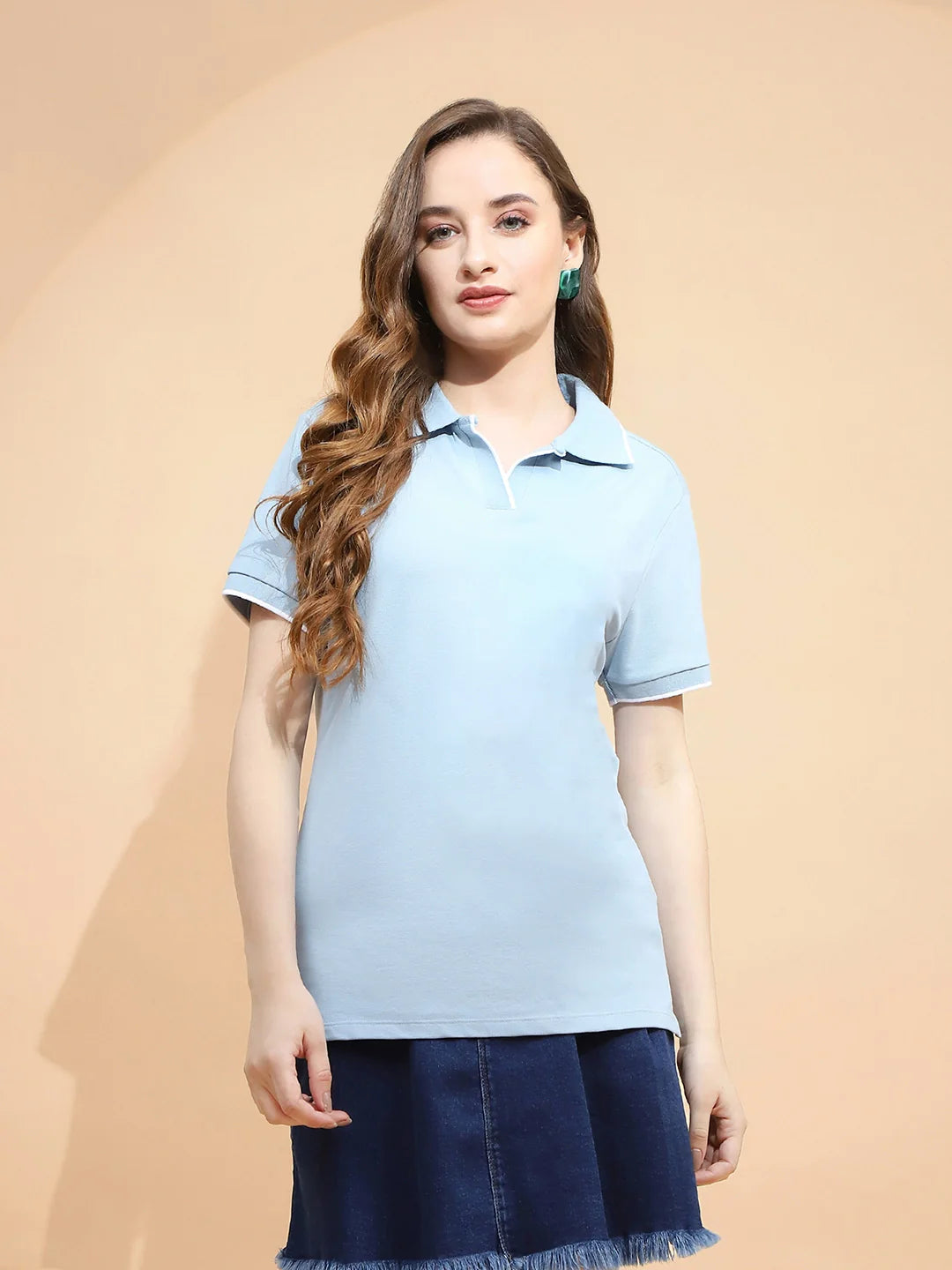 Sky Blue Cotton Blend Regular Fit T-Shirt For Women