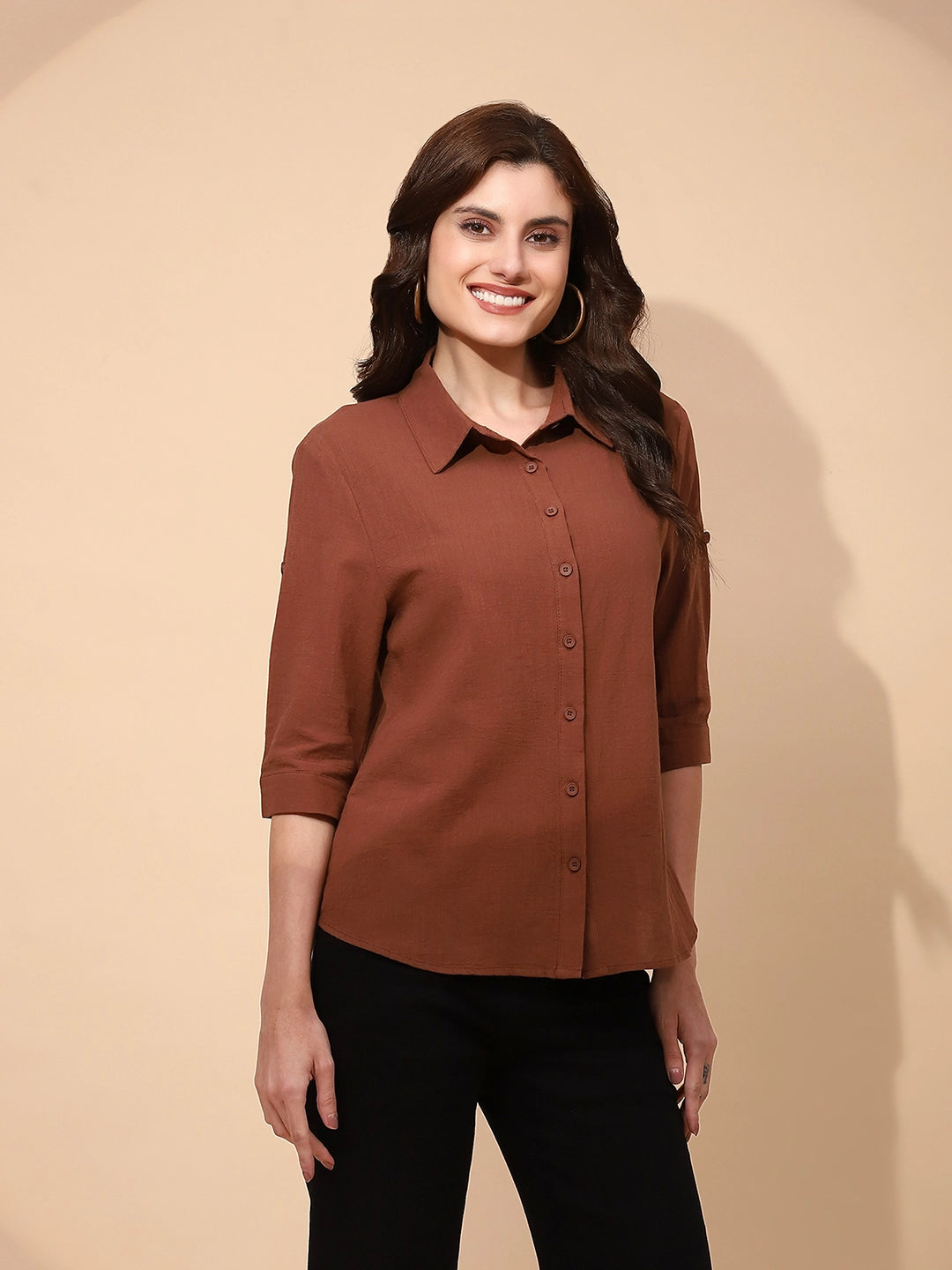 Brown Cotton Regular Fit Shirt For Women
