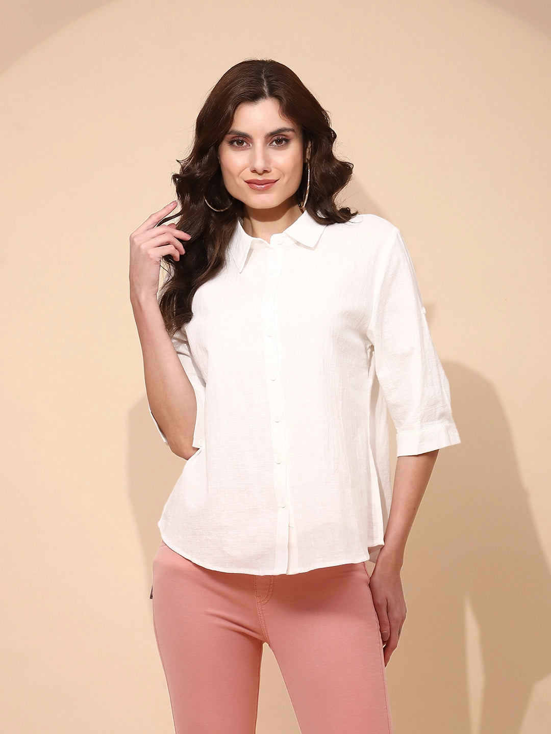 White Cotton Blend Regular Fit Shirt