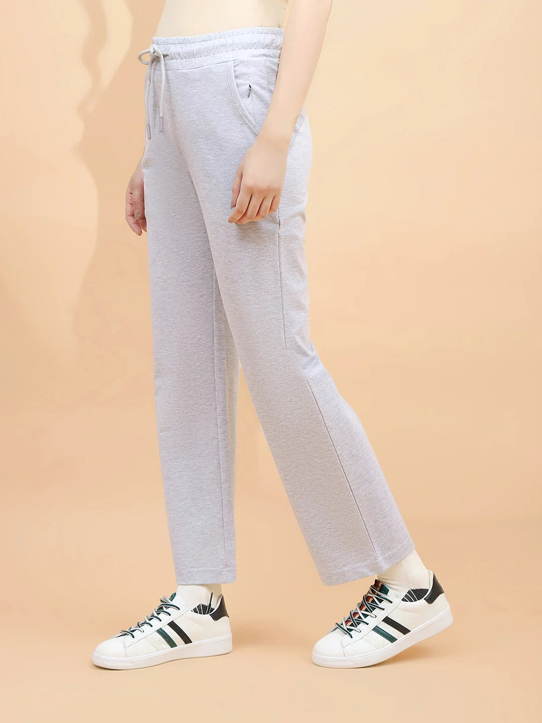 Ecru Melange Cotton Blend Regular Fit Lower For Women
