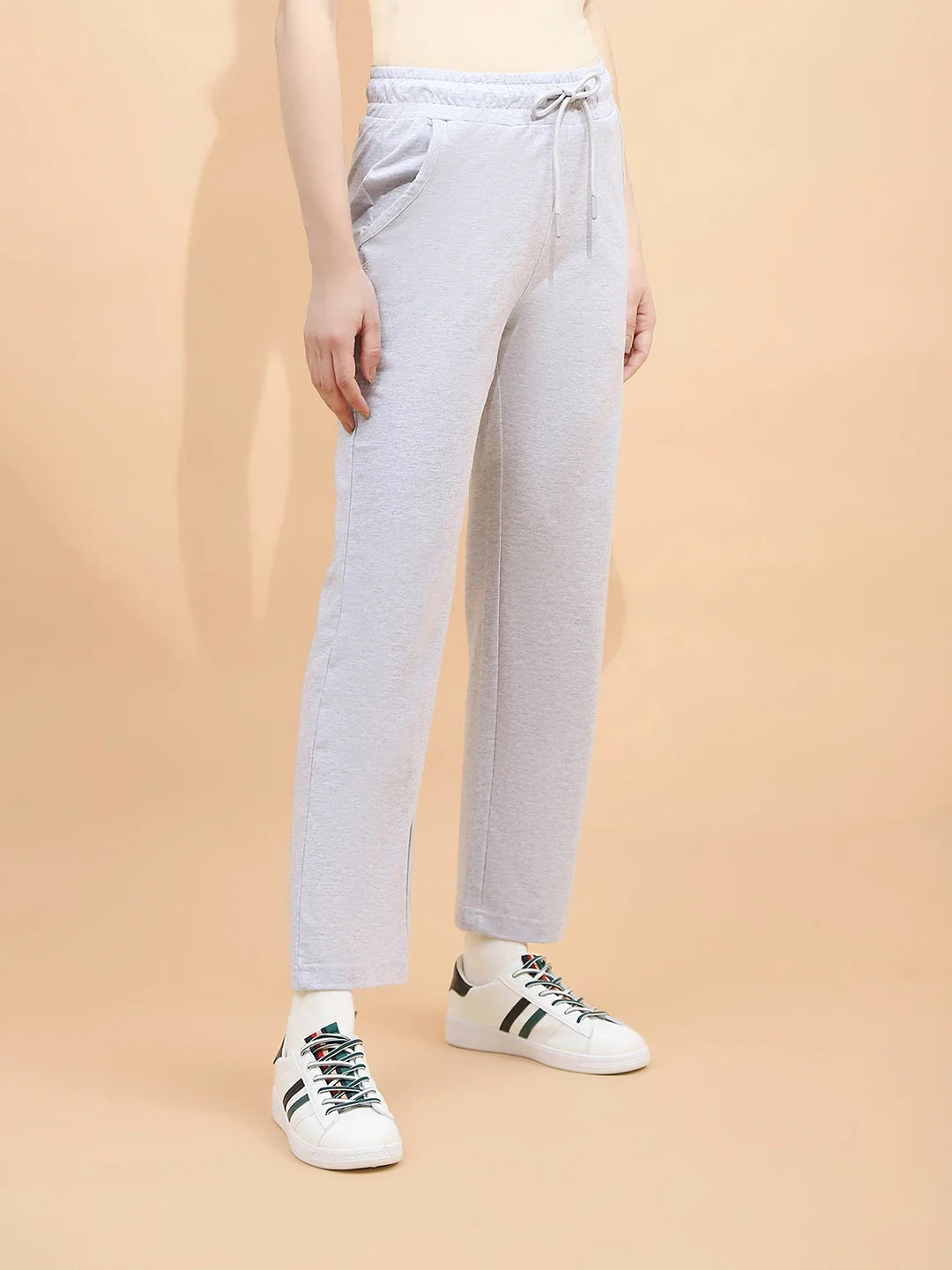 Ecru Melange Cotton Blend Regular Fit Lower For Women