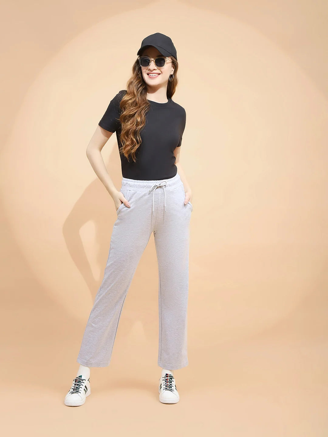 Ecru Melange Cotton Blend Regular Fit Lower For Women