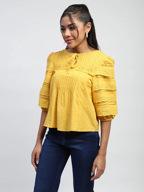 Mustard Dobby  Cotton Regular Fit Blouse