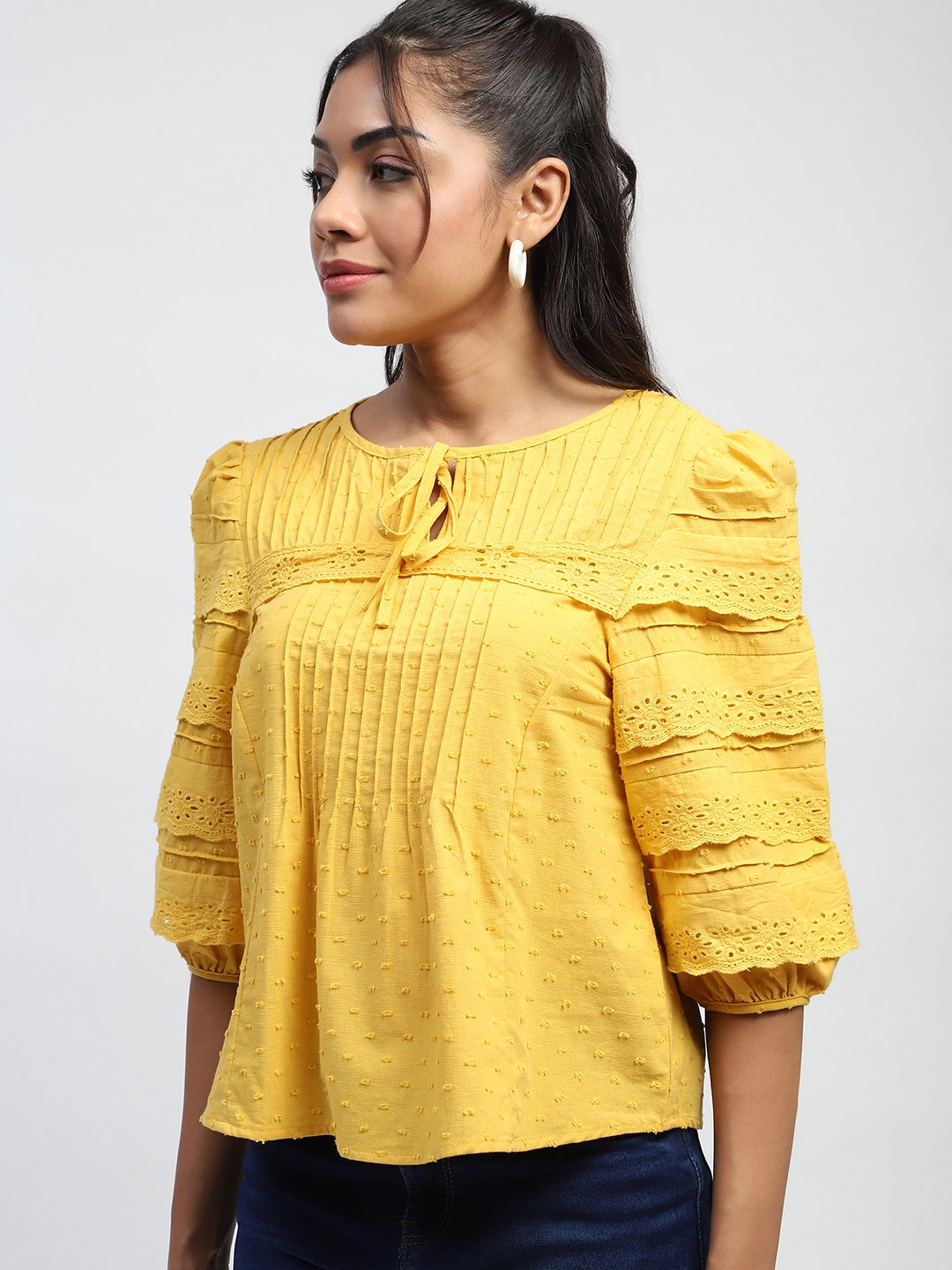 Mustard Dobby  Cotton Regular Fit Blouse