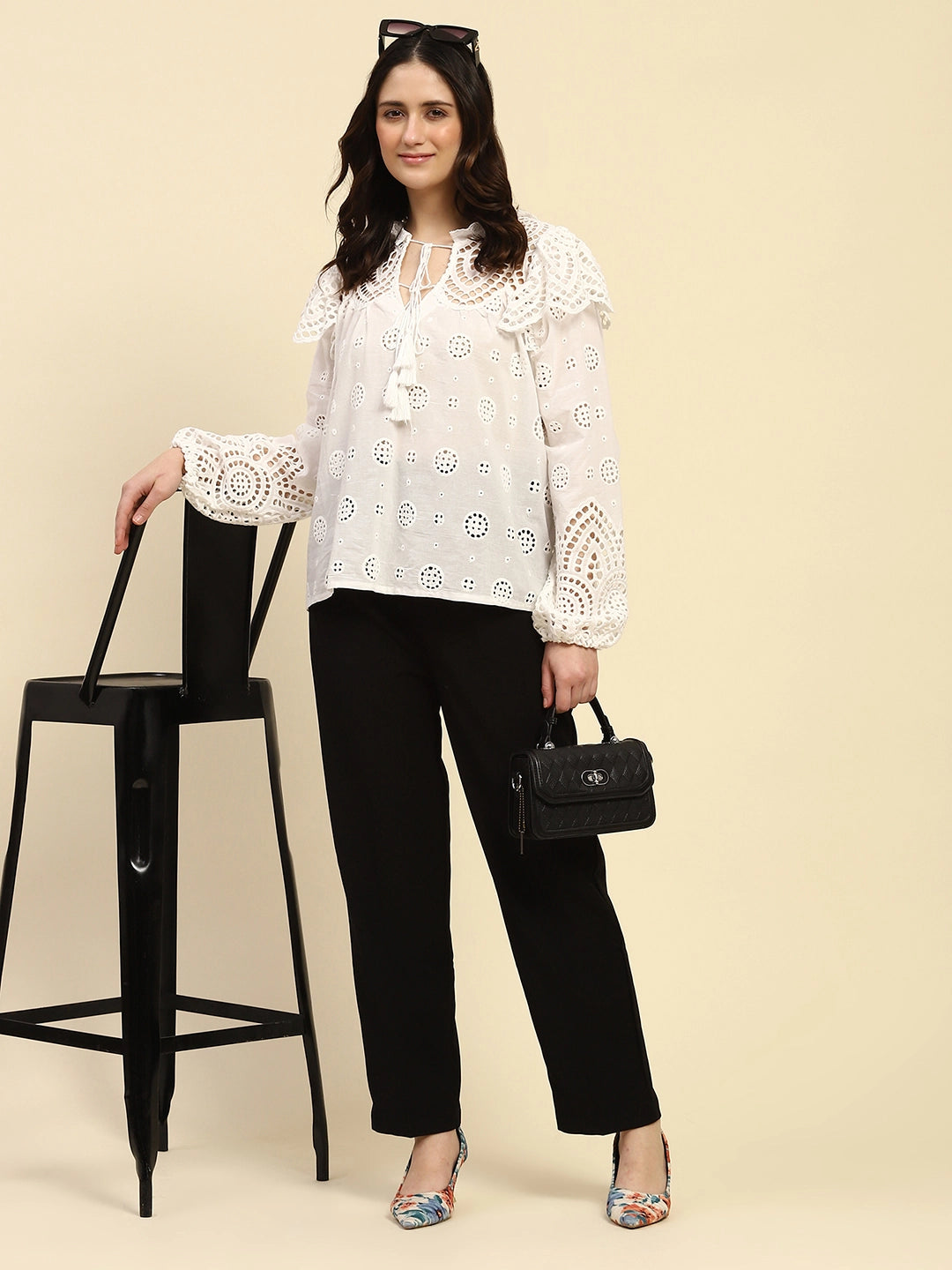White Schiffli Embroidered Cotton Top