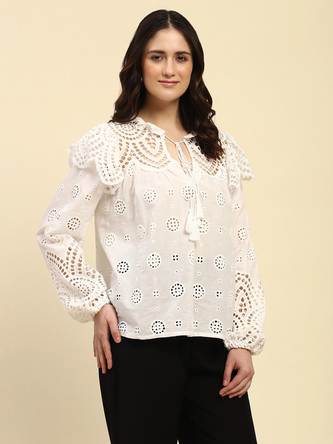 White Schiffli Embroidered Cotton Top