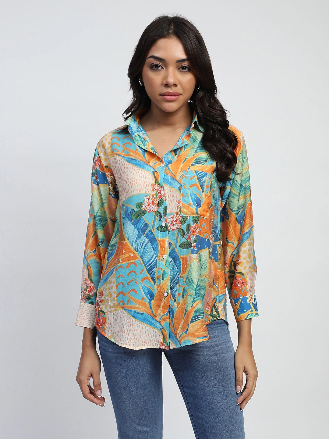 Tropical Print Rayon Blend Shirt