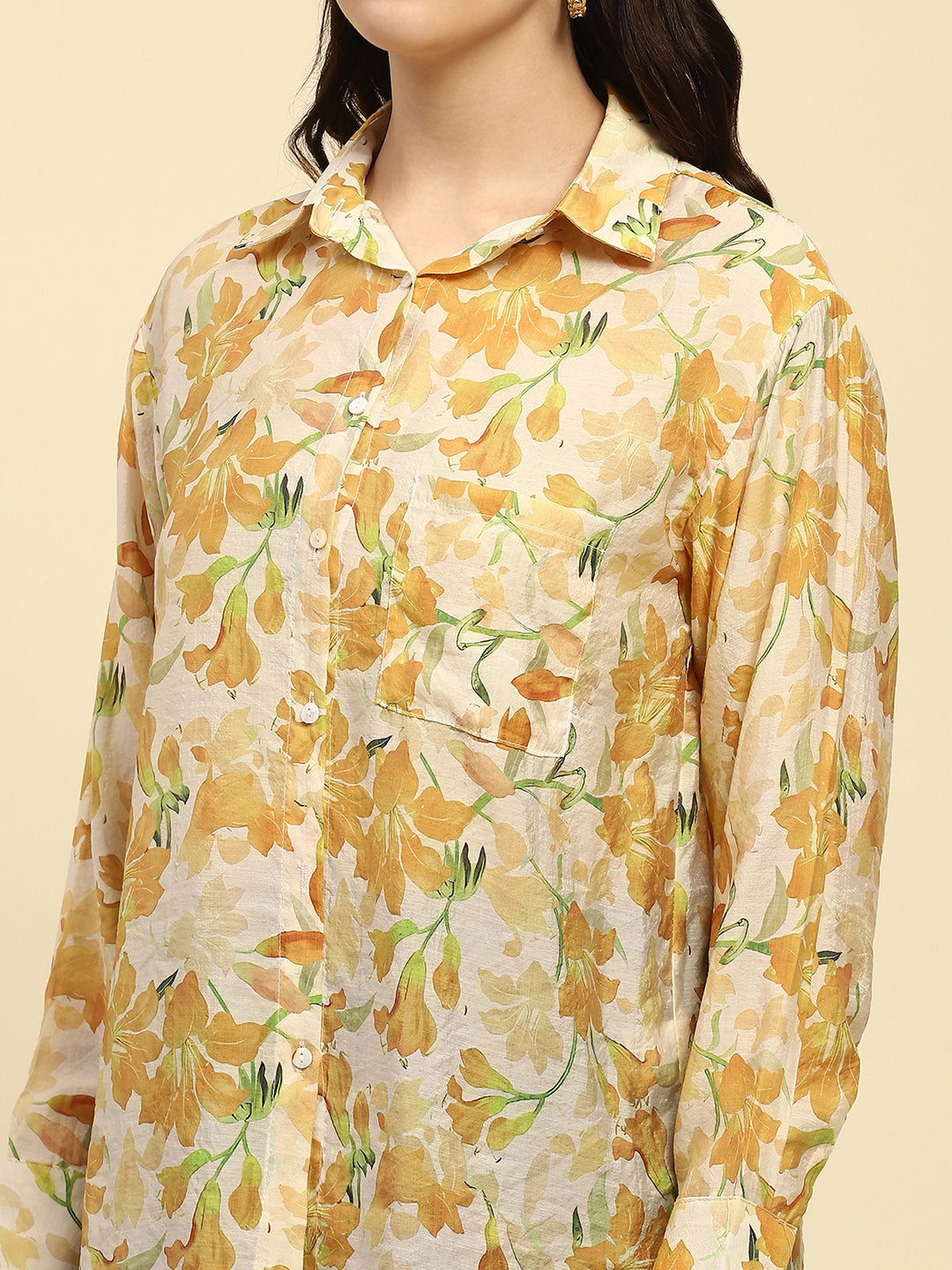 Yellow Floral Print Rayon Blend Shirt