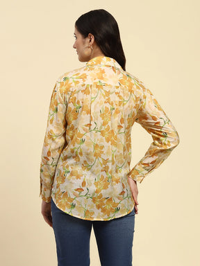 Yellow Floral Print Rayon Blend Shirt