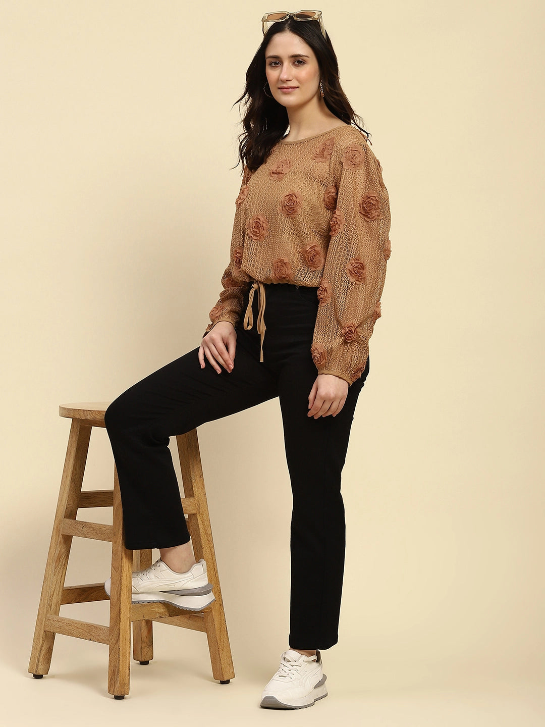 Brown Applique Embroidered Poly Top