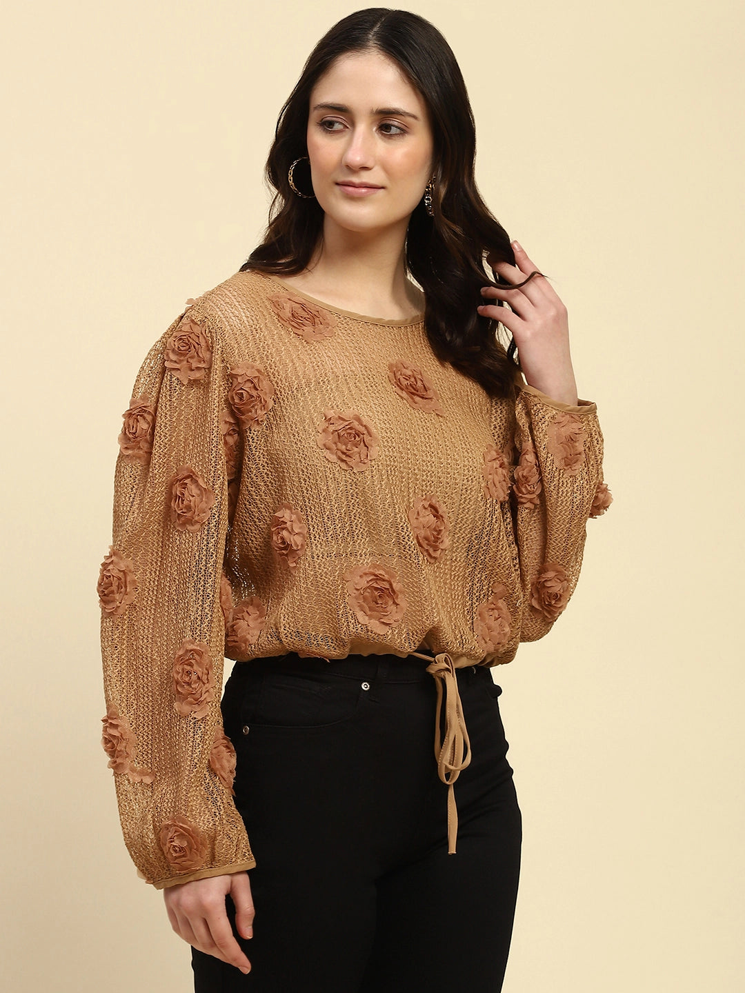 Brown Applique Embroidered Poly Top