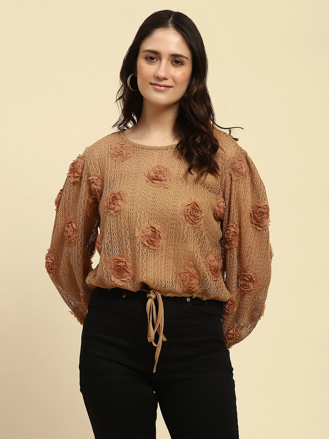 Brown Applique Embroidered  Top - Global Republic