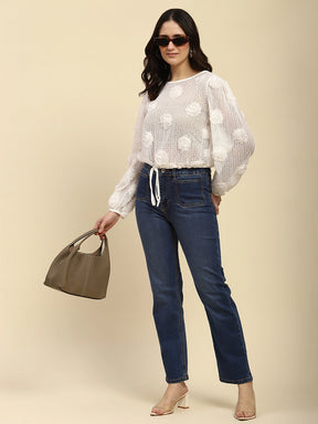 White Rose Floral Boxy Fit Sheer Top
