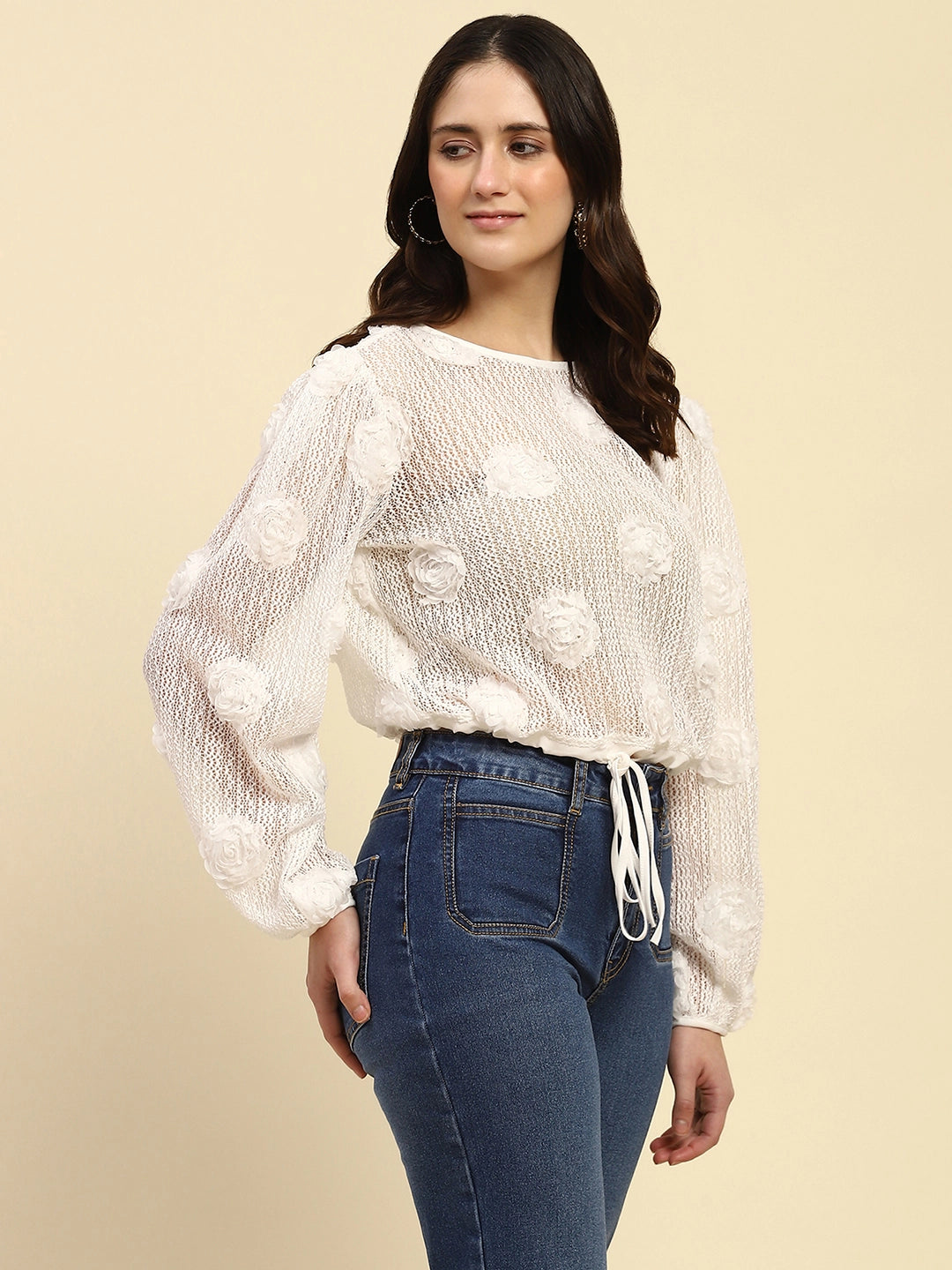 White Rose Floral Boxy Fit Sheer Top - Global Republic