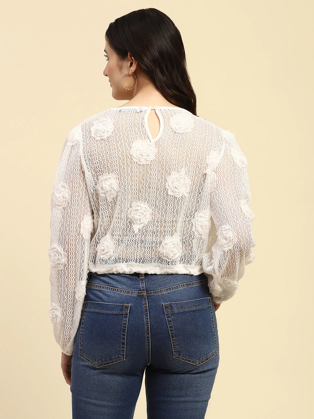 White Rose Floral Boxy Fit Sheer Top