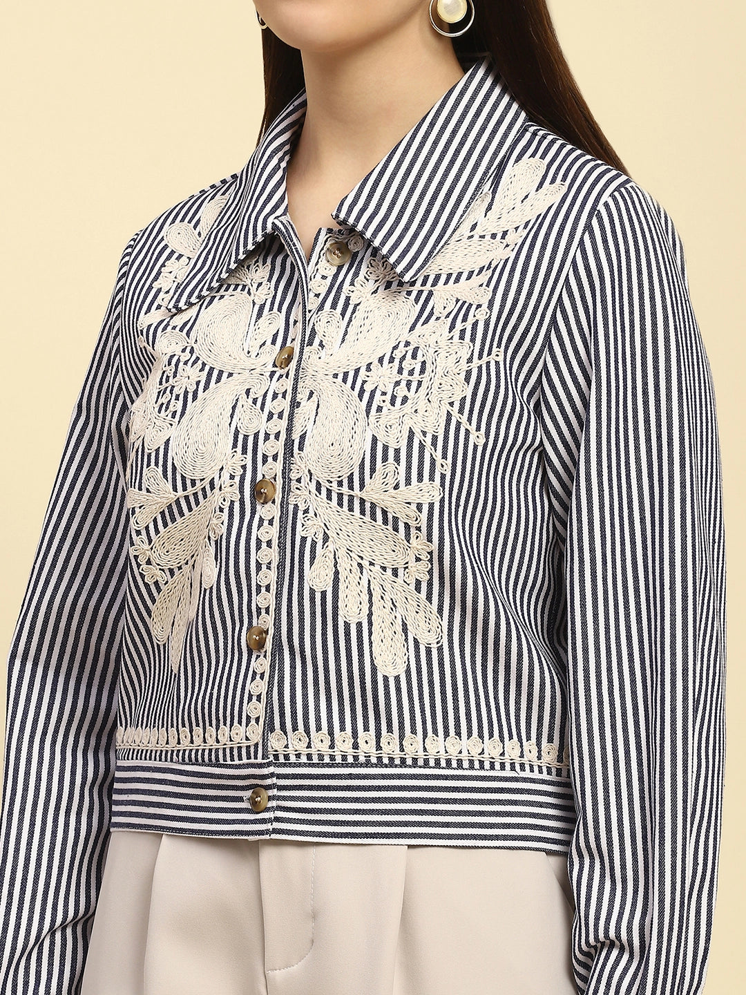 Navy Embroidered Striped Cotton Shirt - Global Republic