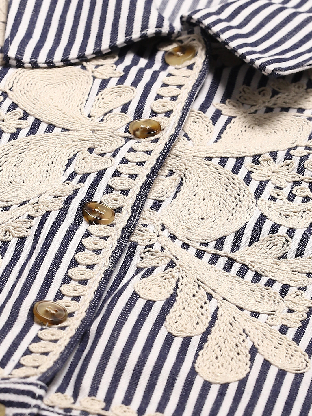 Navy Embroidered Striped Cotton Shirt - Global Republic
