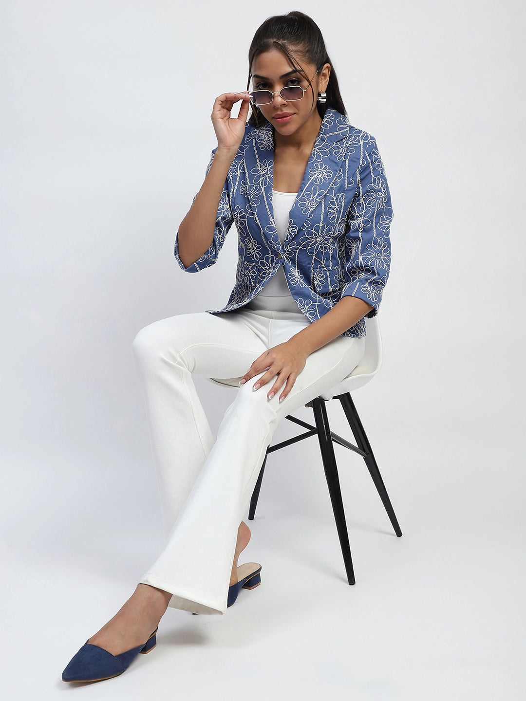 Blue Embroidered Cotton Coat