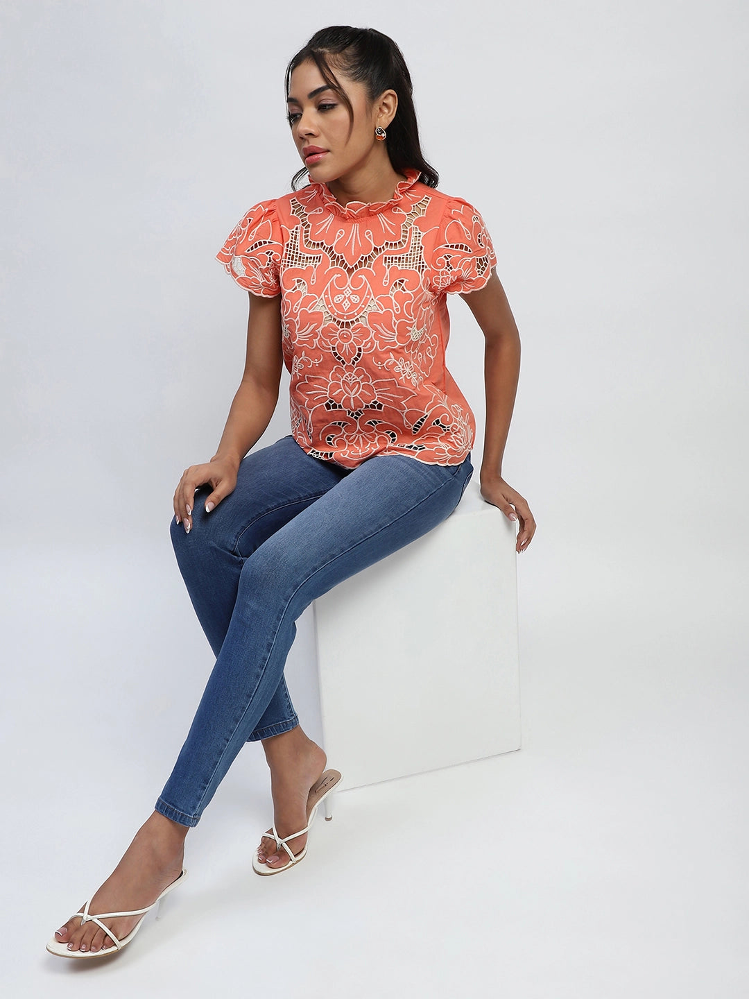 Peach Cut Work Embroidered Top