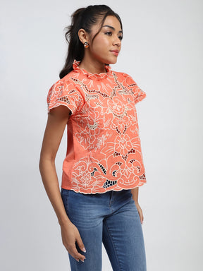 Peach Cut Work Embroidered Top