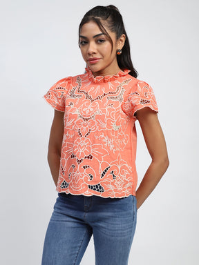 Peach Cut Work Embroidered Top