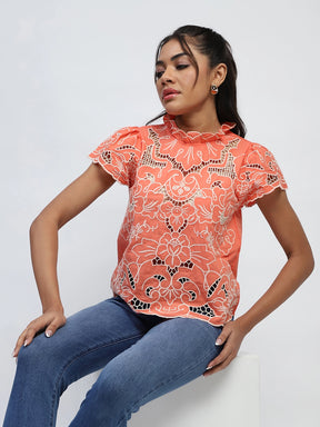 Peach Cut Work Embroidered Top