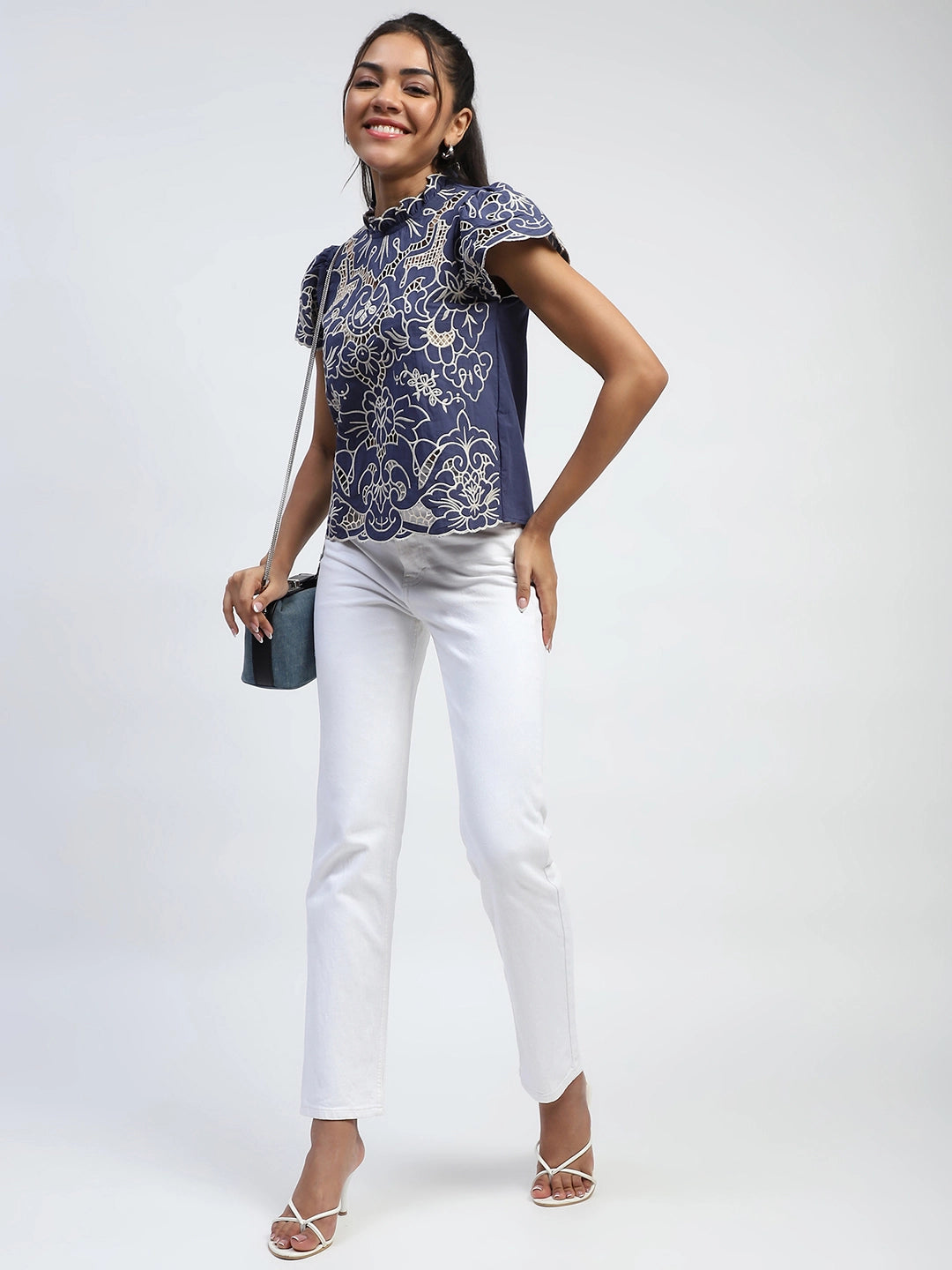 Navy Cut Work Embroidered Cotton Top