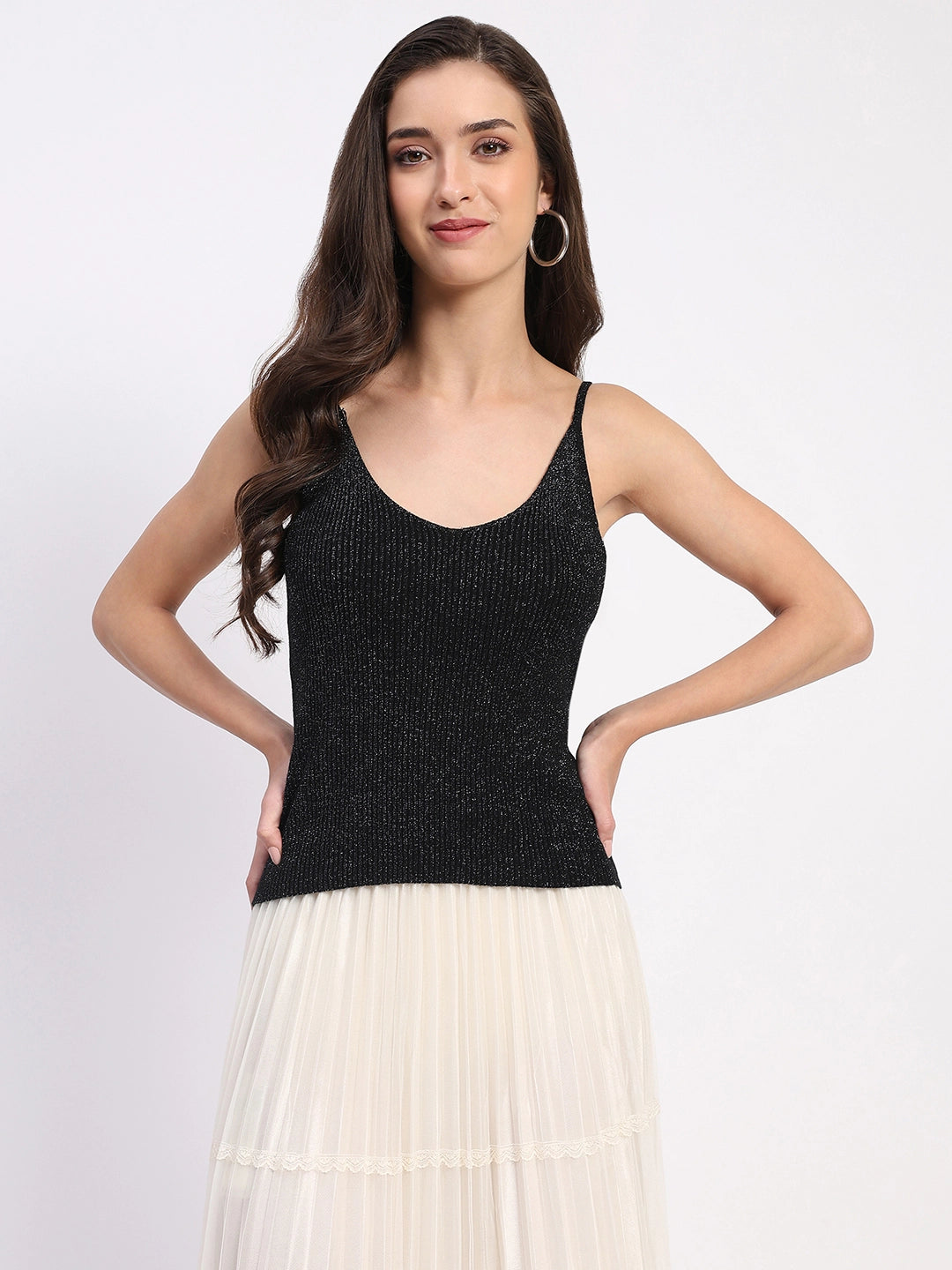 Shimmer Ribbed Two-Way Neck Top