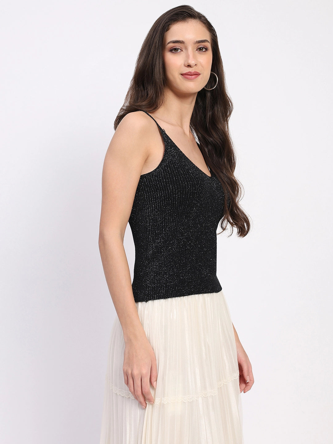 Shimmer Ribbed Two-Way Neck Top
