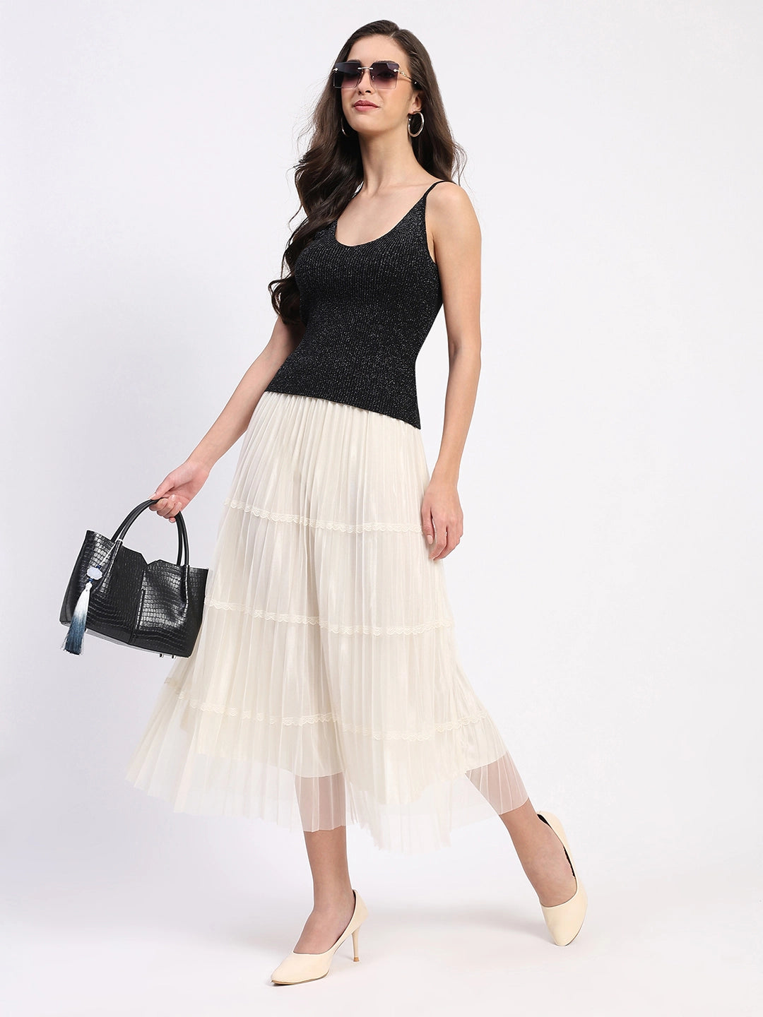 Shimmer Ribbed Two-Way Neck Top - Global Republic