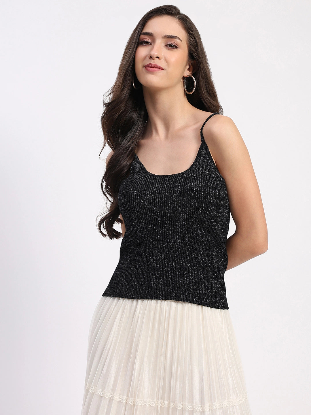 Shimmer Ribbed Two-Way Neck Top - Global Republic