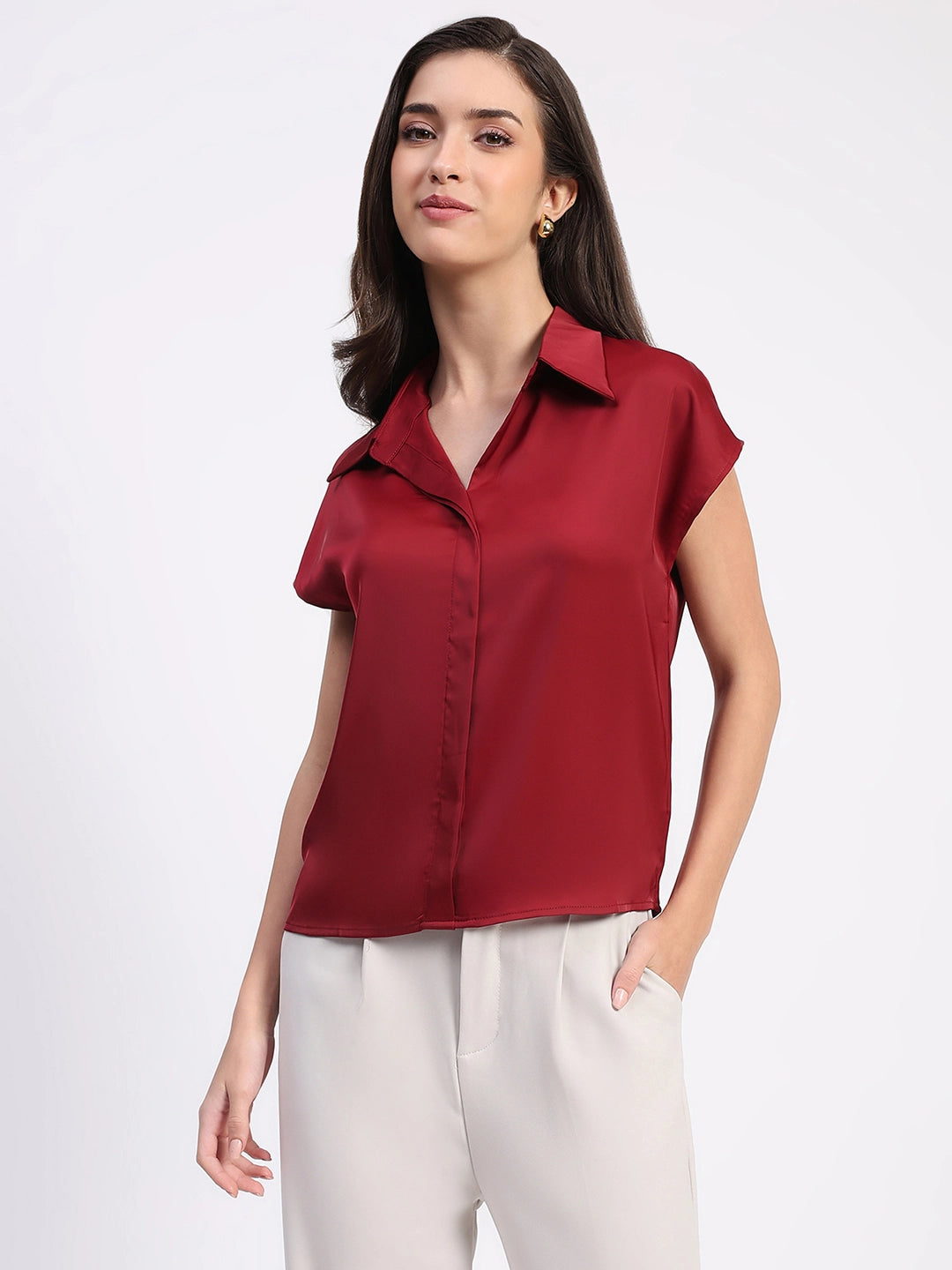 Garnet Solid Satin Loose Fit Formal Shirt