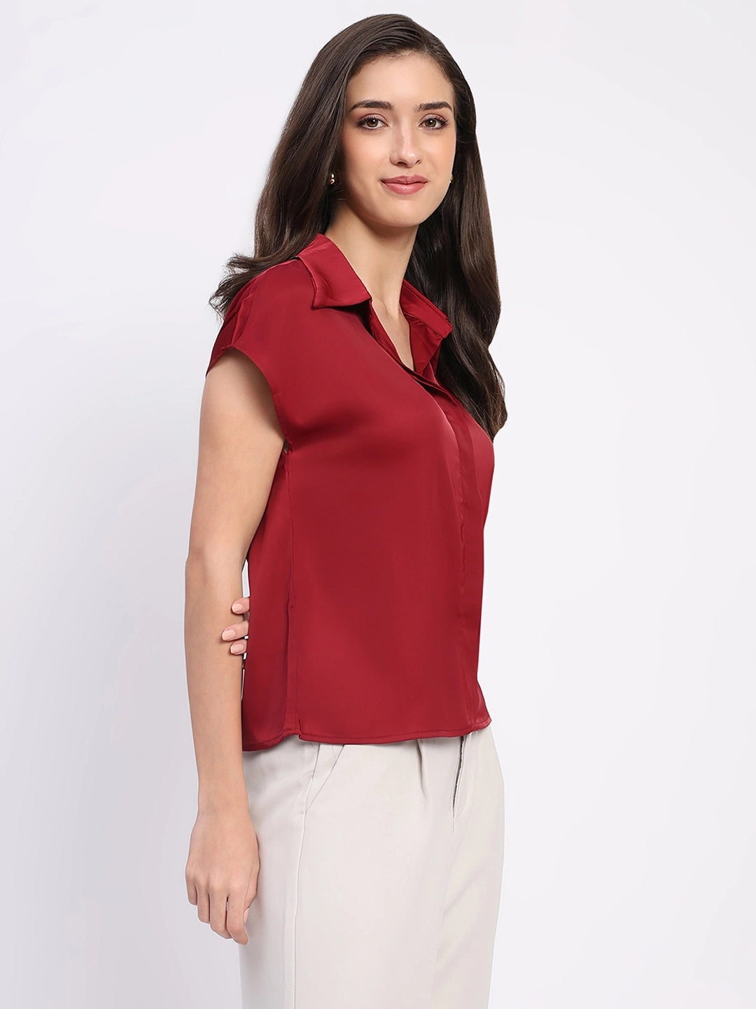 Garnet Solid Satin Loose Fit Formal Shirt
