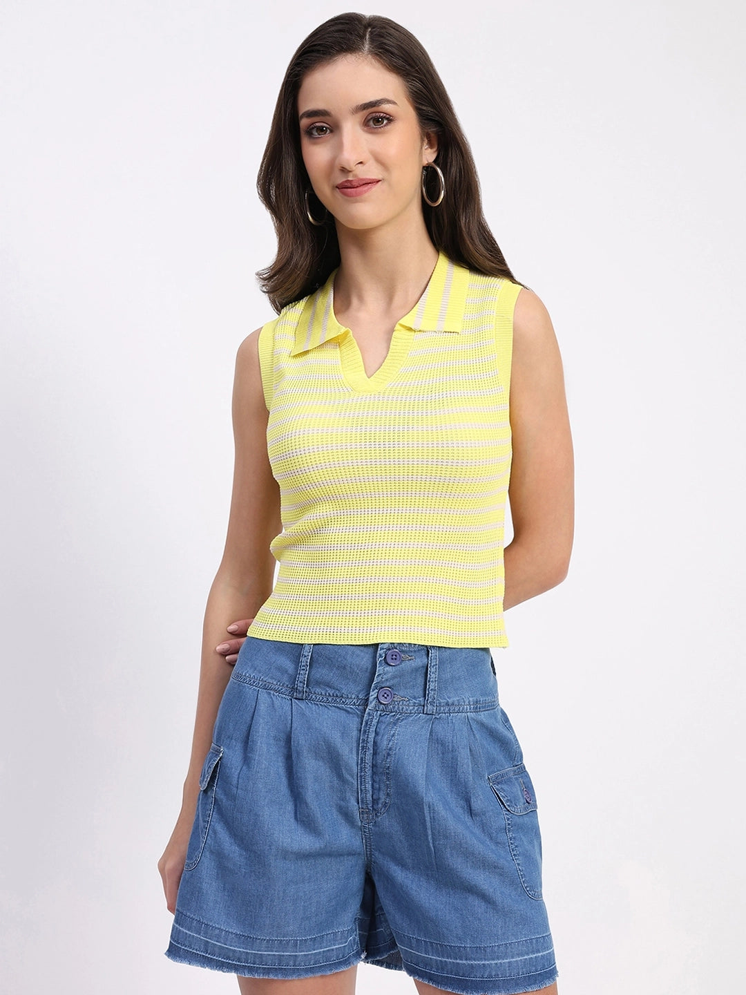 Yellow Raci Top Yellow Viscose Striped Crop Top