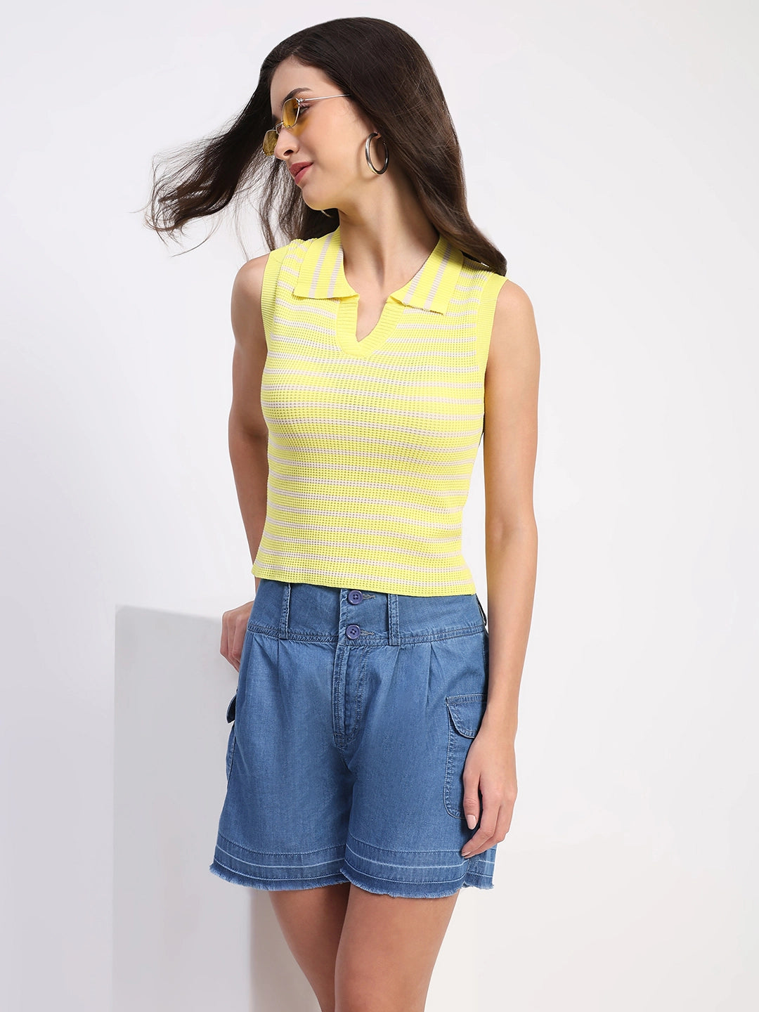 Yellow Viscose Striped Crop Top - Global Republic